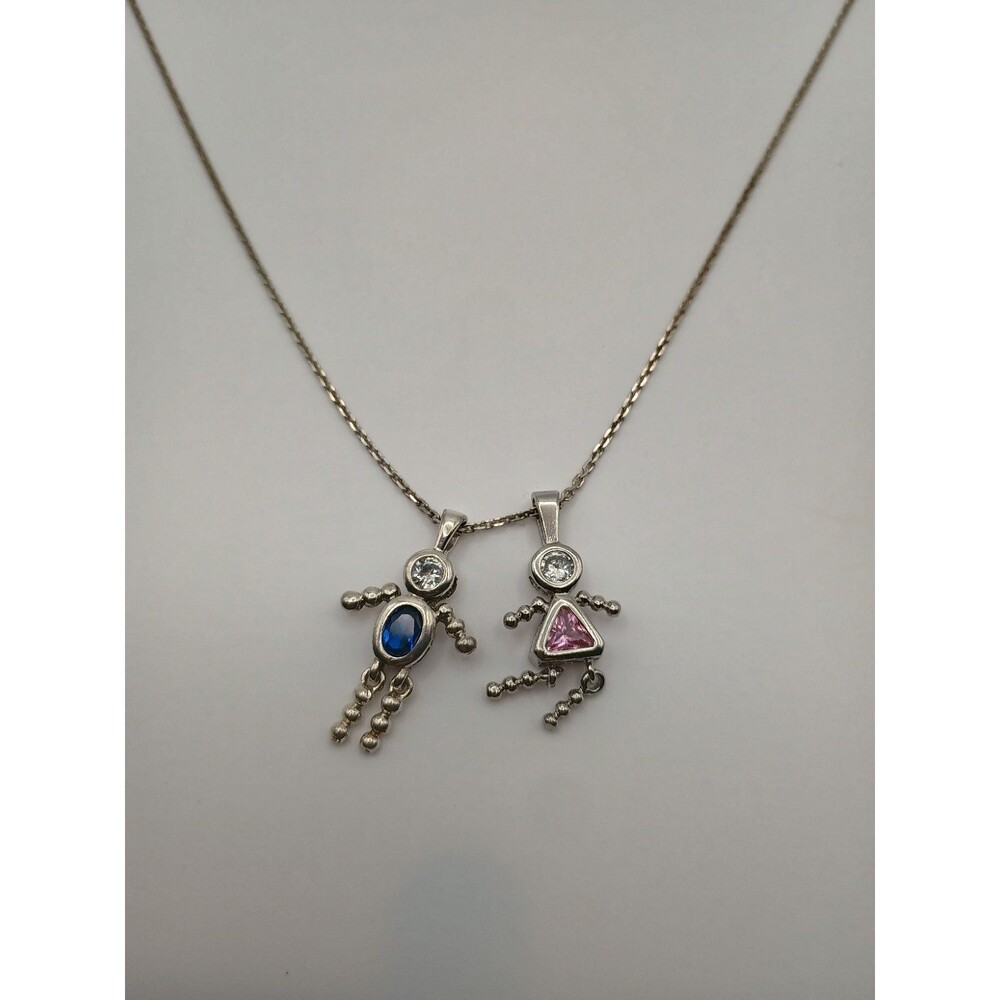 Vintage .925 Sterling Silver Articulated Birthstone Necklace 1 Boy And 1 Girl